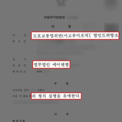 사고후미조치+범인도피방조 혐의 의뢰인 대리하여 집행유예 판결 이끌어내